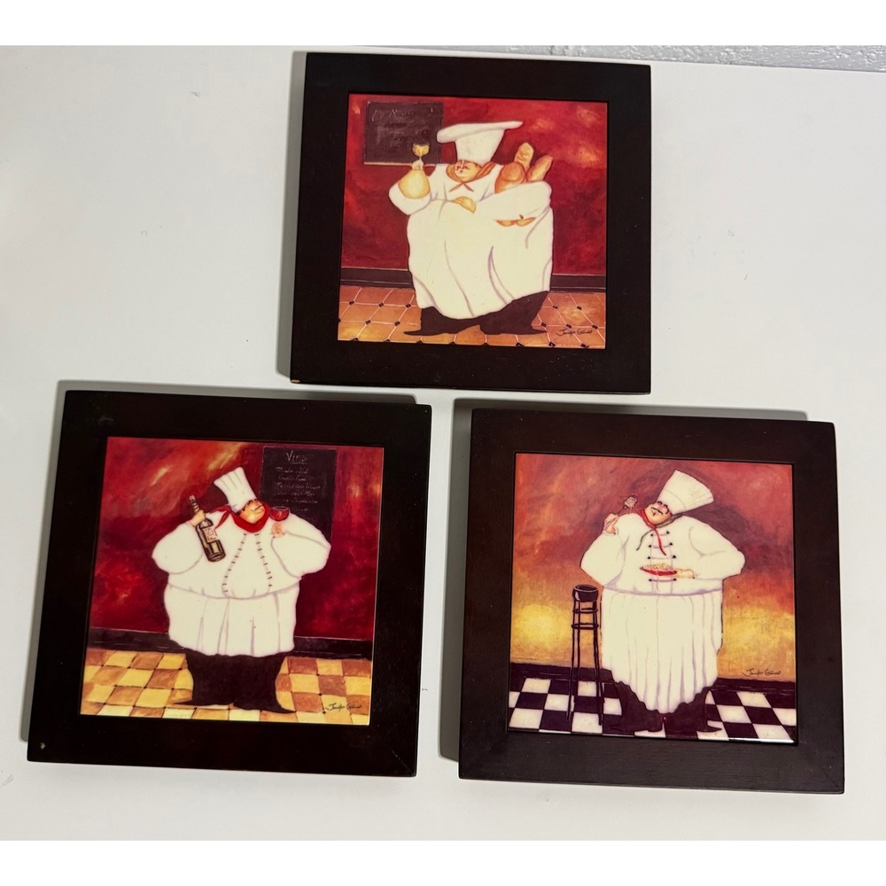 Jennifer Garant Fat Chef Set 3 Framed Ceramic Tile Wall Art 8x8 Bistro Kitchen